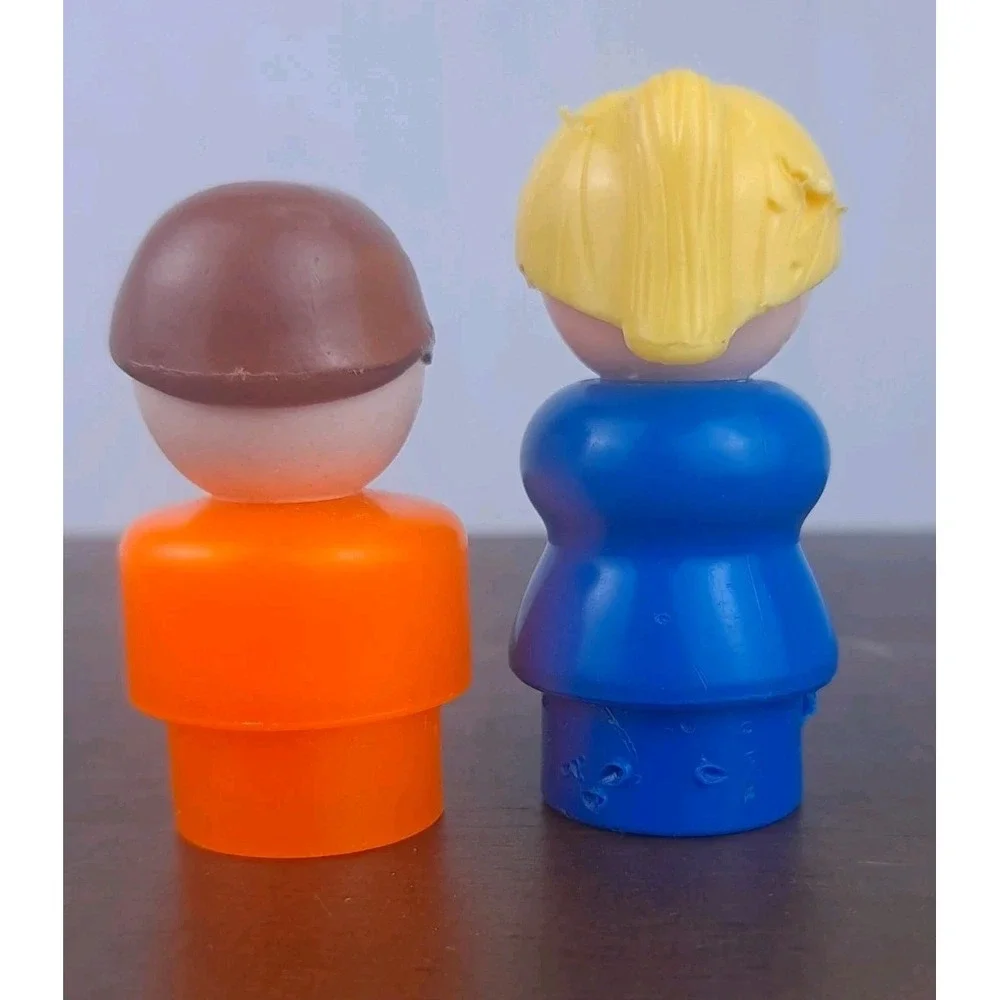 Vintage Fisher Price Little People Mom Blue Dress & Boy Orange Body 1970s Toy